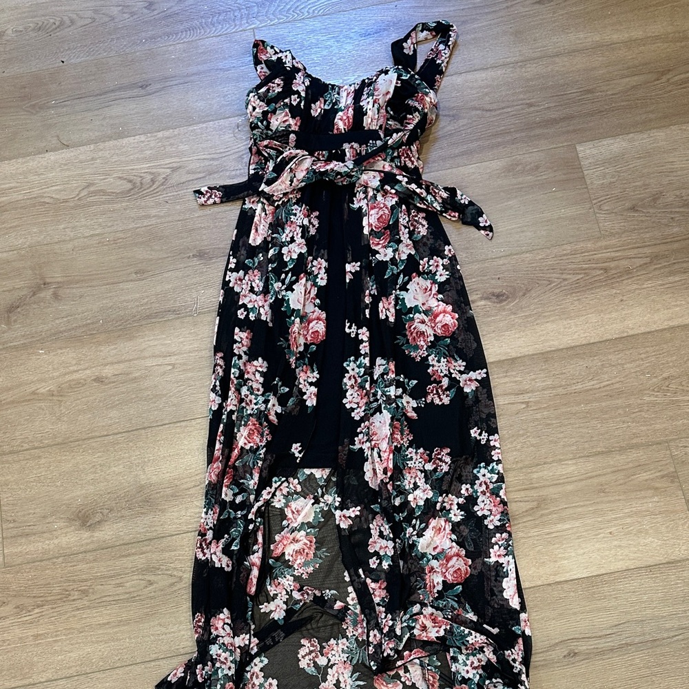 Connected Apparel One Shoulder Floral Dress - Black and Pink